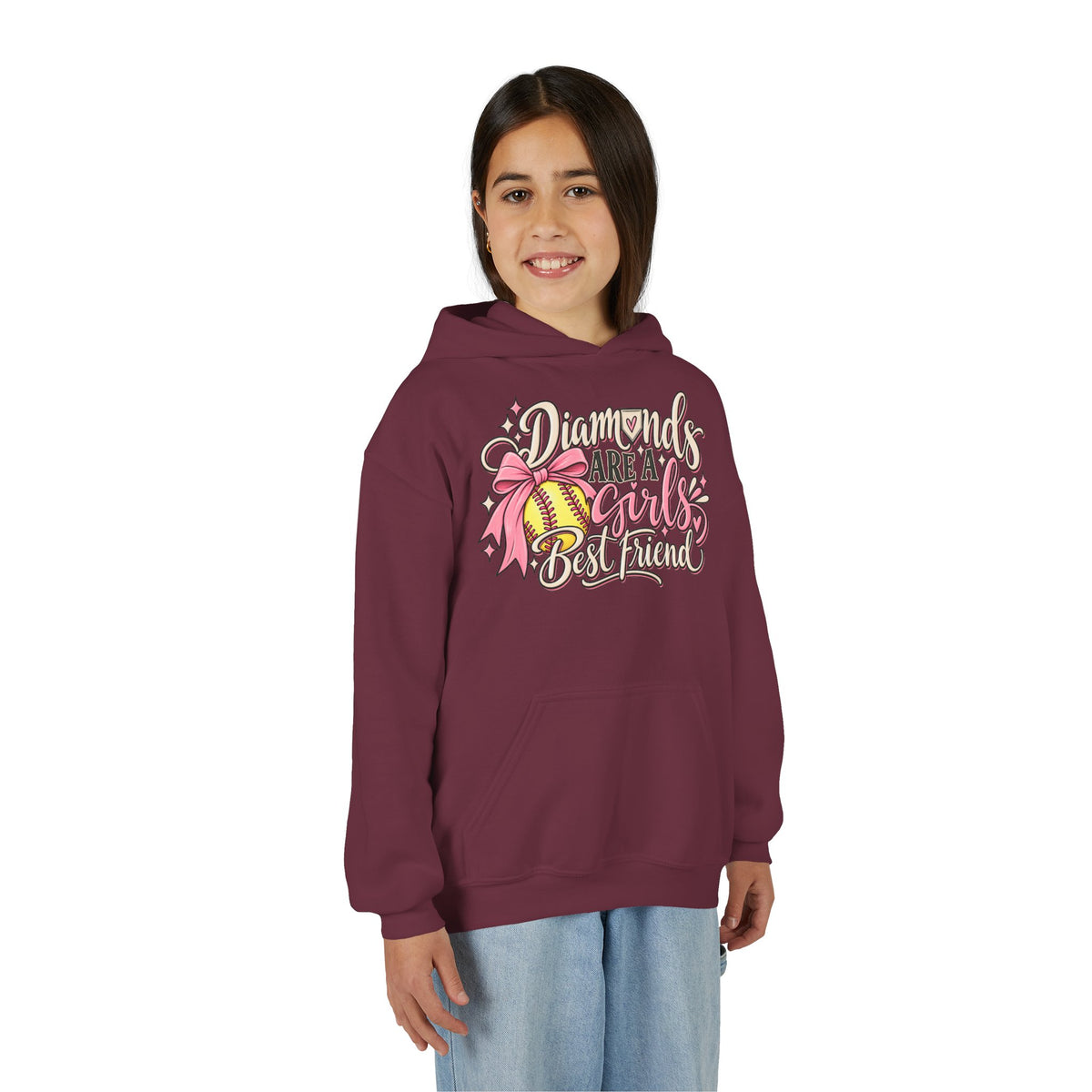Youth Hoodie - "Diamonds Are A Girl's Best Friend" Softball Design (Pink Ribbon)