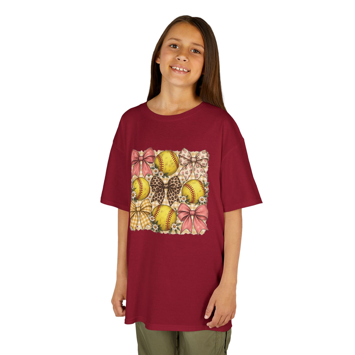 Kids Softball Pattern Tee — Leopard Bows & Ribbons Sports Shirt