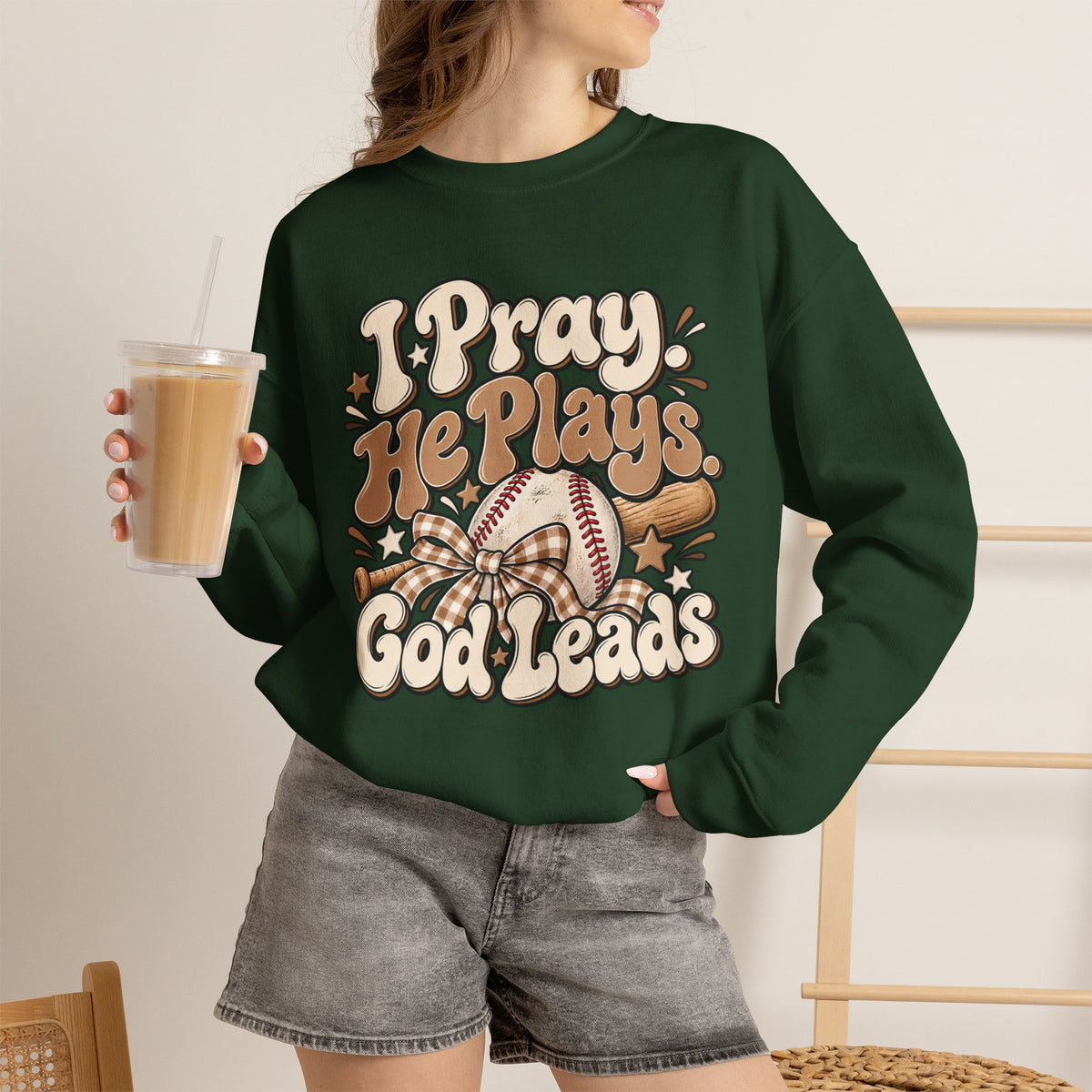 Prayerful Baseball Crewneck Sweatshirt — “I Pray, He Plays, God Leads”