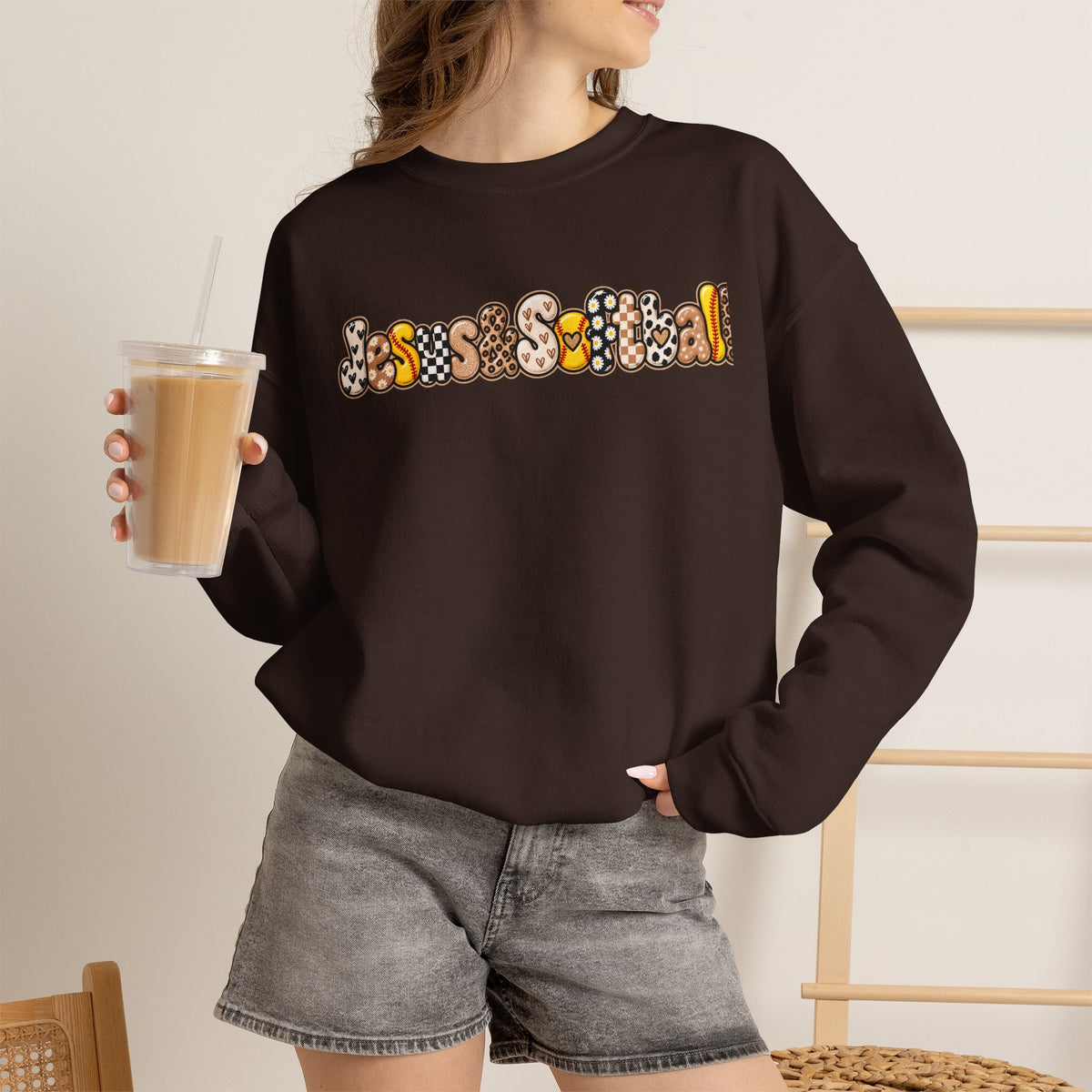Jesus and Softball Cutsey Design Crewneck Sweatshirt