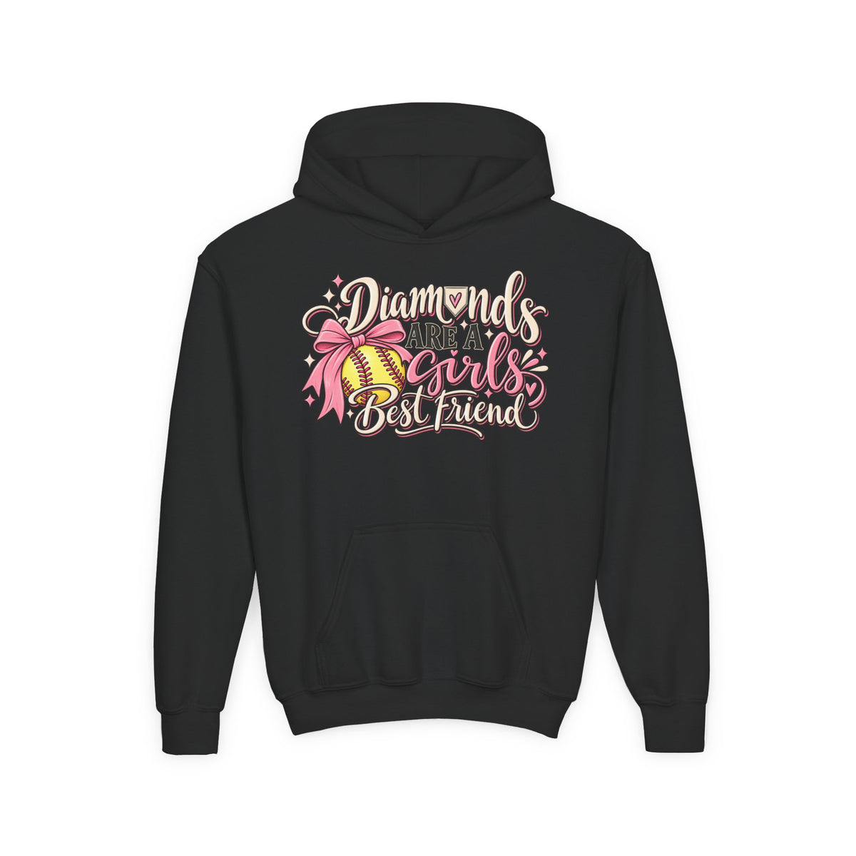 Youth Hoodie - "Diamonds Are A Girl's Best Friend" Softball Design (Pink Ribbon)