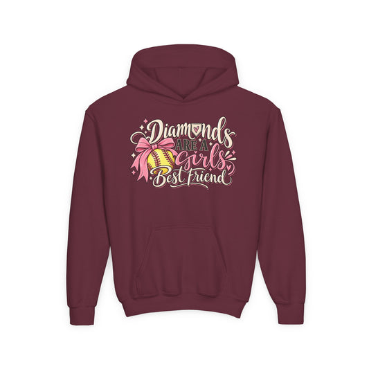 Youth Hoodie - "Diamonds Are A Girl's Best Friend" Softball Design (Pink Ribbon)