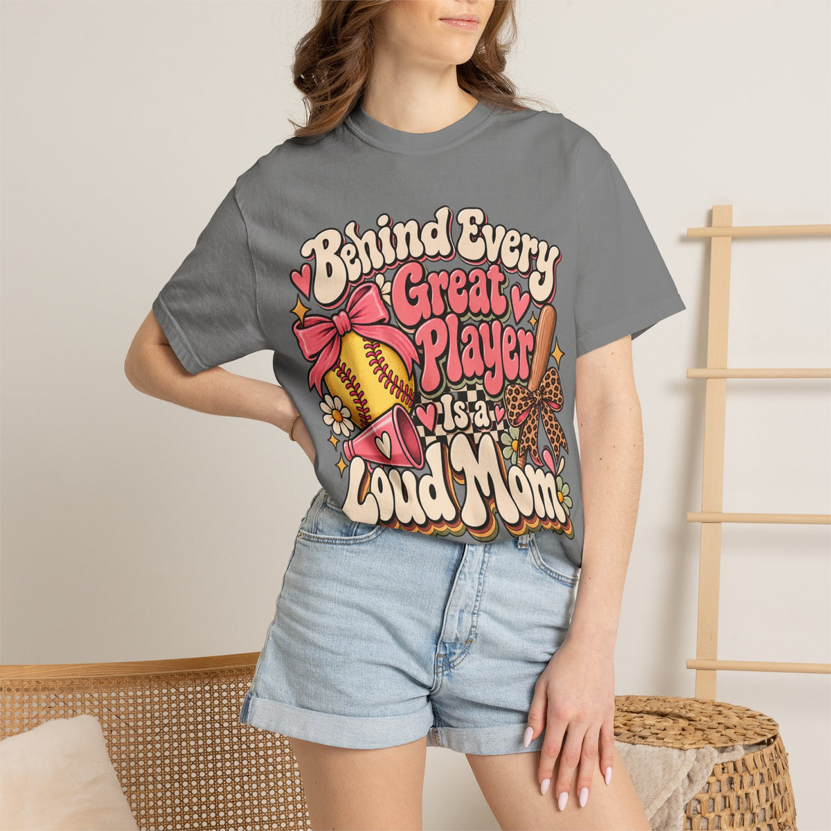 Softball Mom T-Shirt — "Behind Every Great Player Is a Proud Mom" Vintage Floral Design
