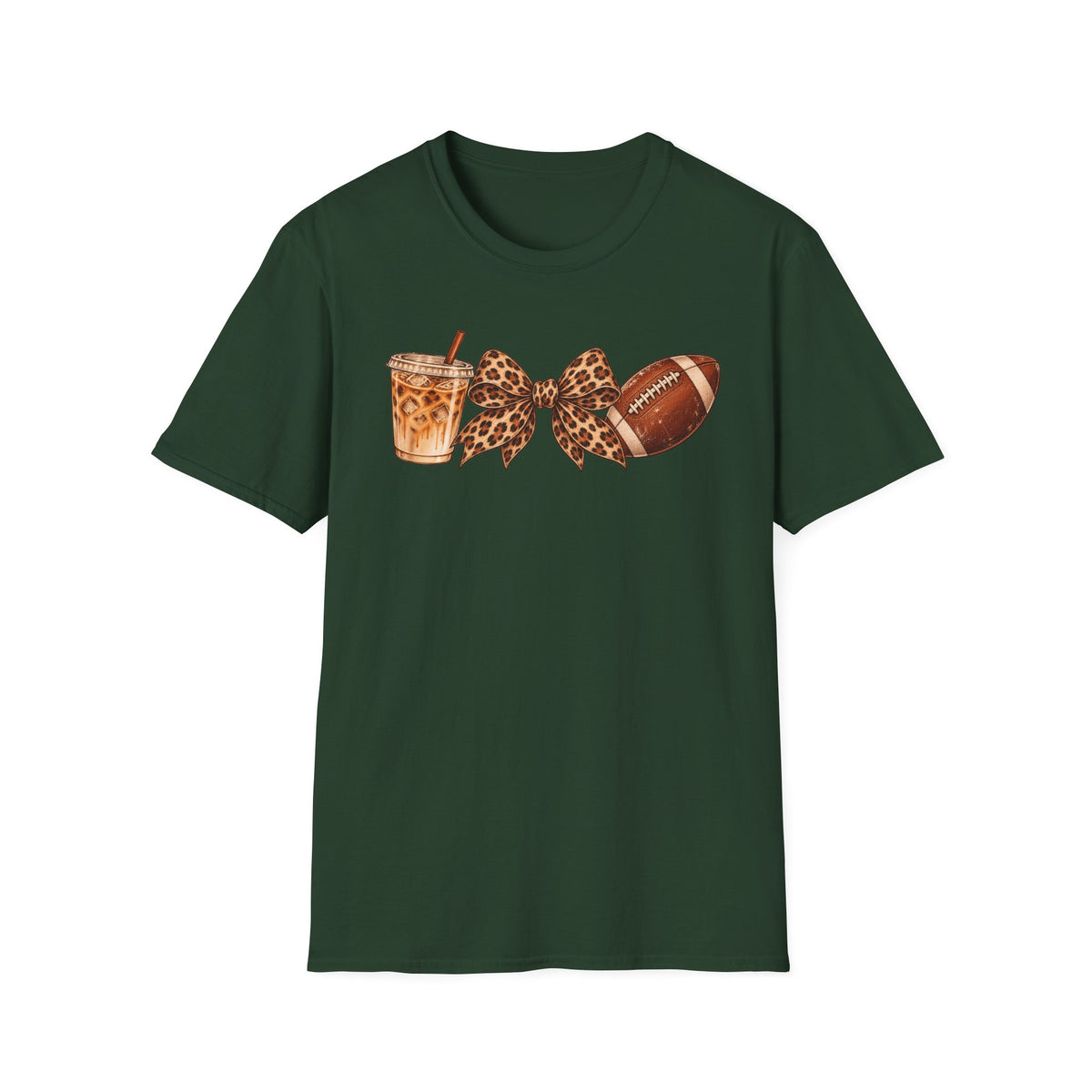 Iced Coffee, Leopard Bow & Football Graphic Tee — Game Day Mom Shirt