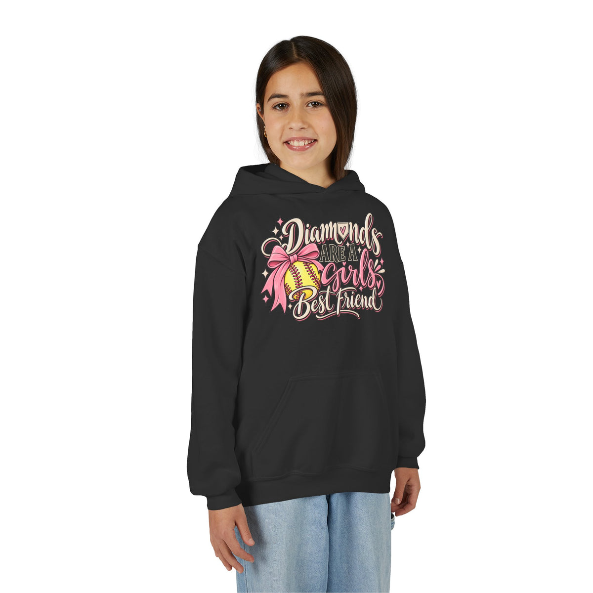 Youth Hoodie - "Diamonds Are A Girl's Best Friend" Softball Design (Pink Ribbon)