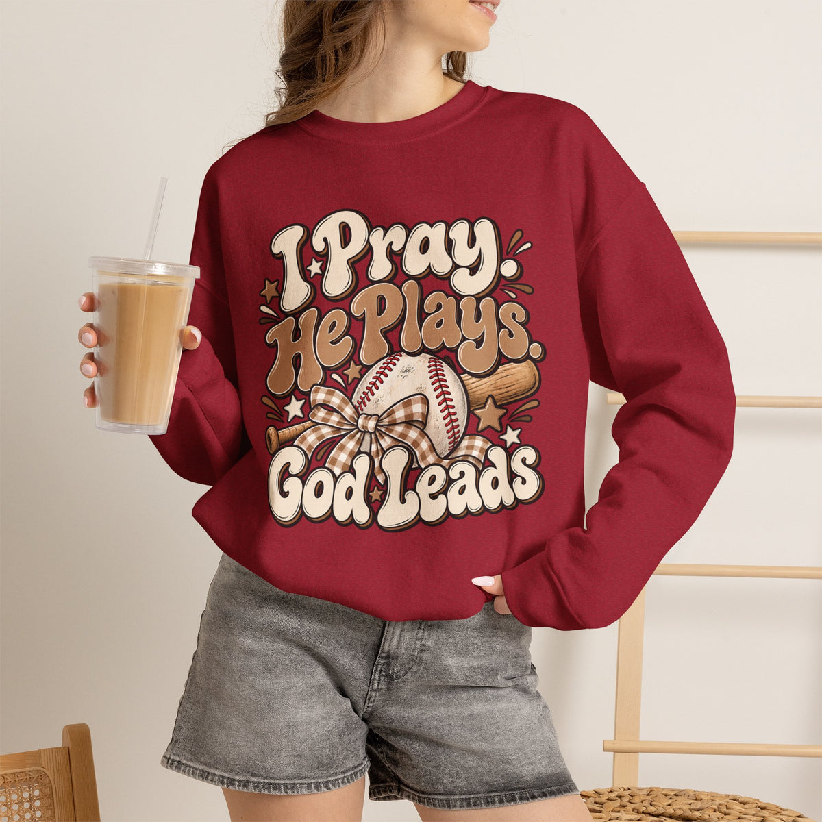 Prayerful Baseball Crewneck Sweatshirt — “I Pray, He Plays, God Leads”