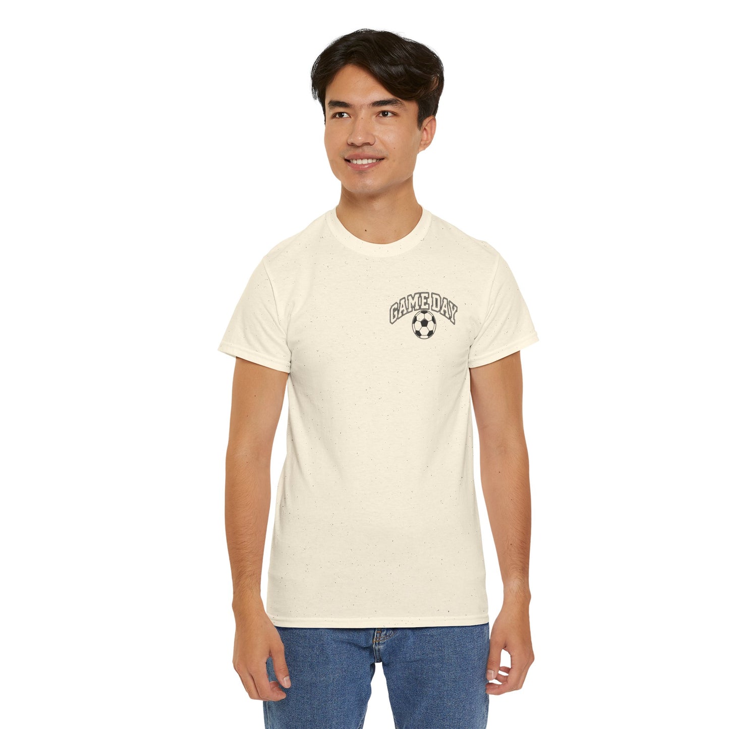 Soccer Dad T-Shirt — 'DAD' Arch with Soccer Ball Chest Graphic