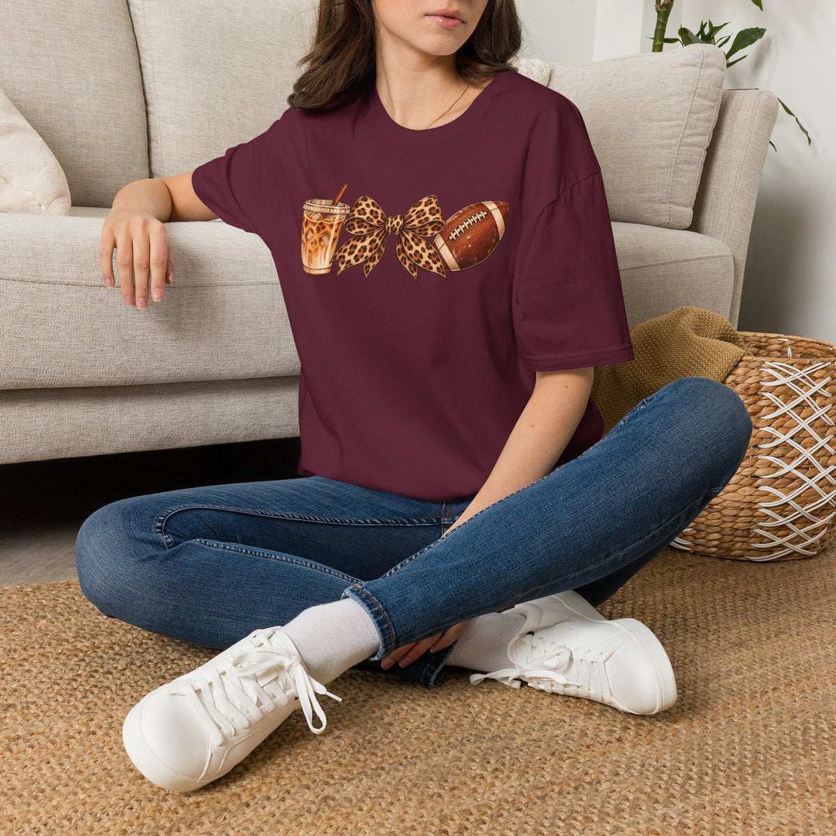 Iced Coffee, Leopard Bow & Football Graphic Tee — Game Day Mom Shirt